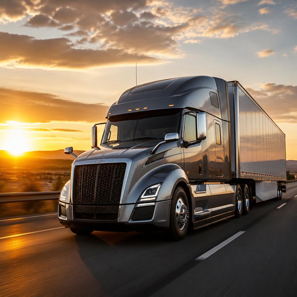 Modern American semi-truck on a US interstate at sunset